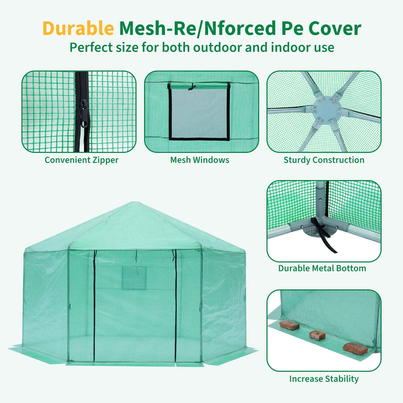 Walk-in Greenhouse Hexagonal Upgrade Reinforced Frame Heavy Duty Plastic Greenhouse Reinforced Thickened Waterproof Insulation(13.1*8.6 ft)