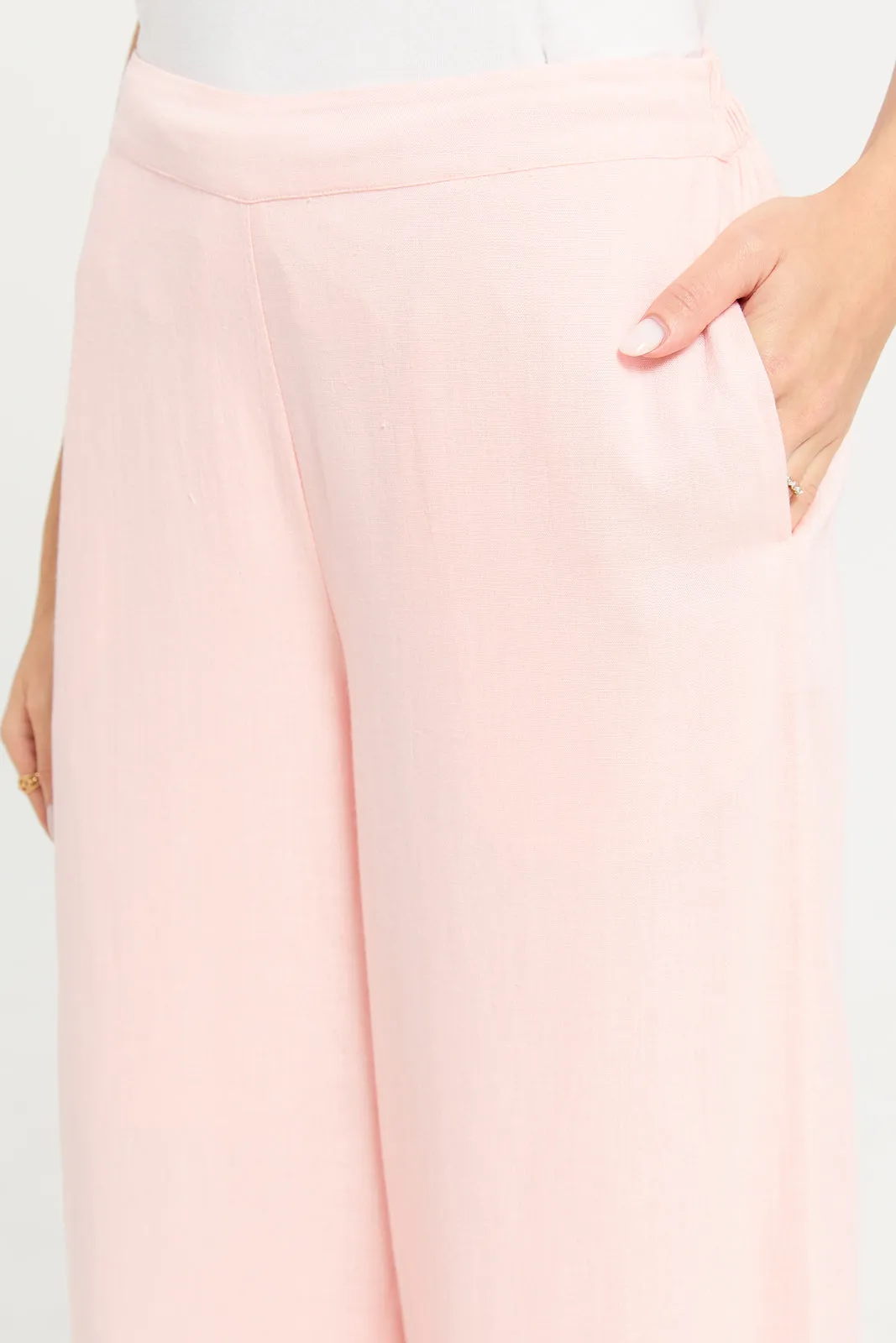 Women Pink  Plain Wide Leg trouser