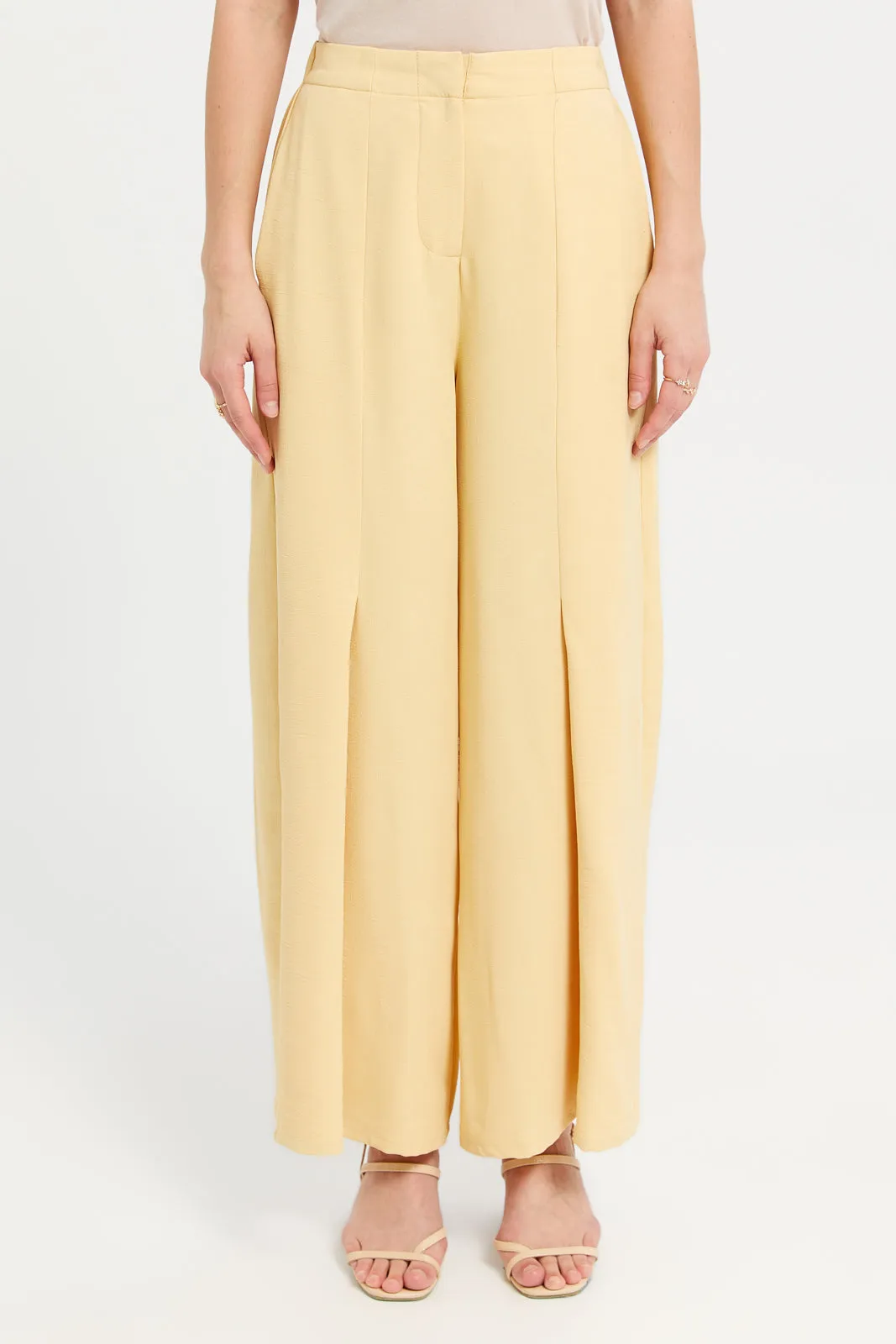 Women Yellow Textured Slit Detailed Trousers