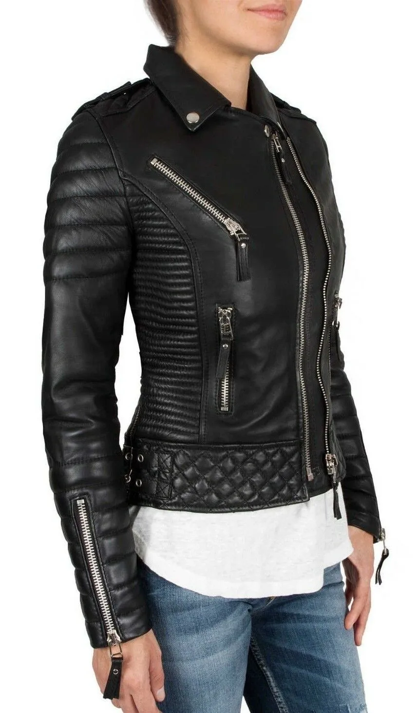 Women's Genuine Lambskin Leather Motorcycle Slim fit Designer Biker Jacket