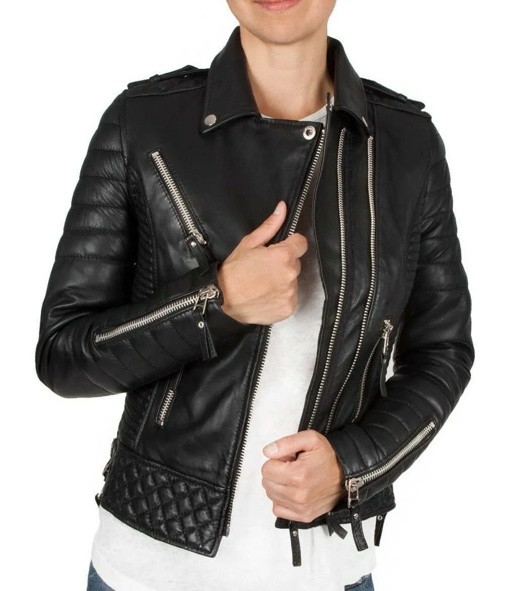 Women's Genuine Lambskin Leather Motorcycle Slim fit Designer Biker Jacket